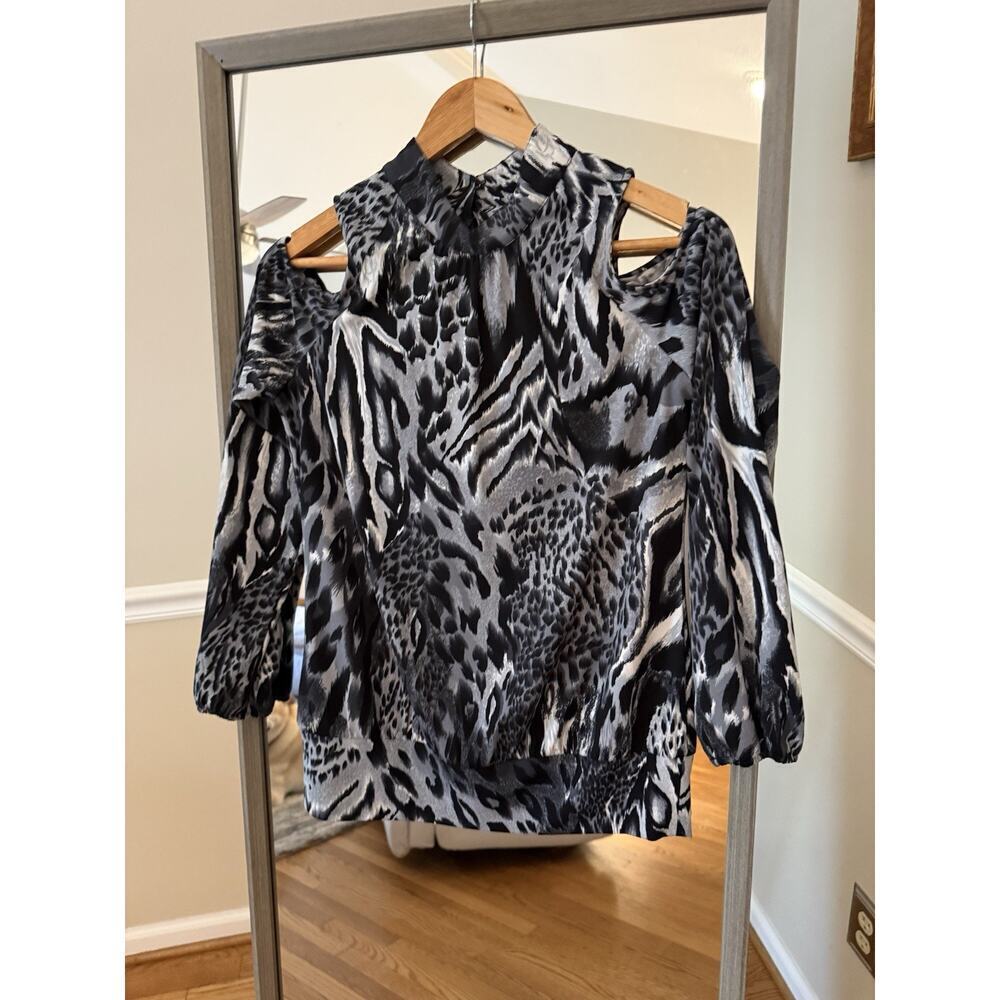 Express Animal Print Blouse Black Gray Cold Shoulder Small